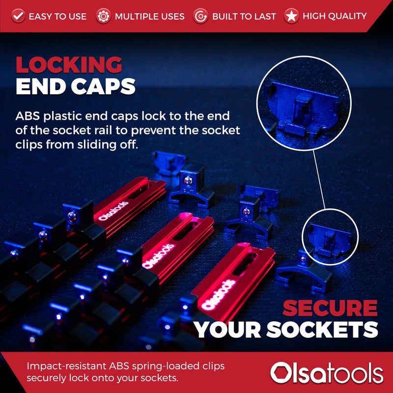 Olsa Tools 3-Pc Set Aluminum Socket Organizer | Locking End Caps | 1/4-Inch, 3/8-Inch, 1/2-Inch Drive Socket Holders with 24, 18, 16 Clips Each (Red) - Image 4